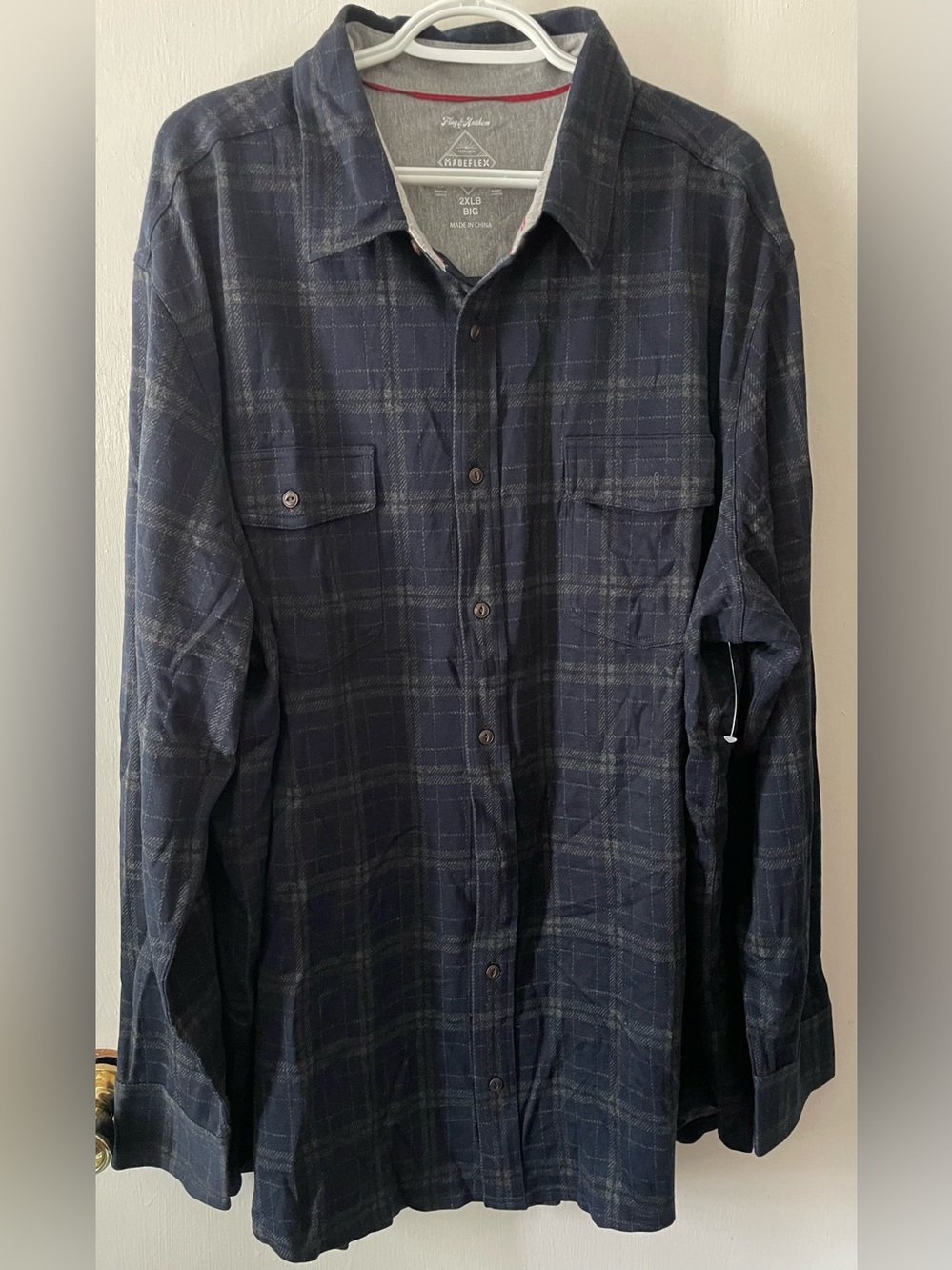 Flag & Anthem MadeFlex Mens Navy Tan Long Sleeve Button Up Plaid Shirt Size 2XLB